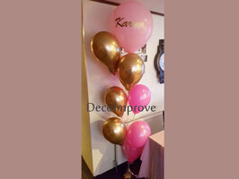 Chroom goud en roze ballonnenboeket met 6 ballonnen en een grote ballon met opdruk