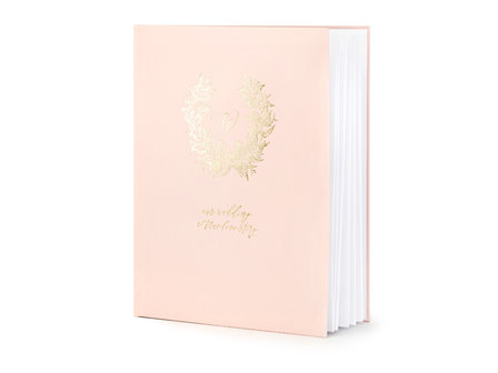 Licht Roze met Gouden Krans en &#039;Our Wedding, a True Love Story&#039; opdruk Gastenboek