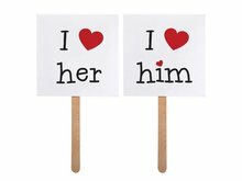 &#039;I Love Her&#039; &amp; &#039;I Love Him&#039; Kaarten op stok Foto Props 9x9cm 2st