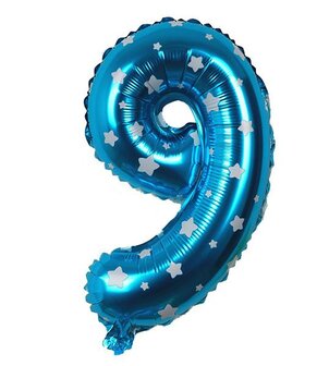 Blauw met Sterren Cijfer &#039;9&#039; Folie Ballon 40cm