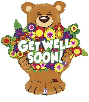 Teddybeer met Bloemen &#039;Get Well Soon&#039; SuperVorm Folie Ballon 66cm