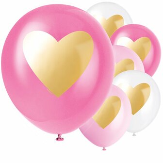 Roze met Gouden Hart Latex Ballon 30cm 6st