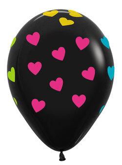 Zwart met Neon Hartjes Latex Ballonnen 30cm 25st