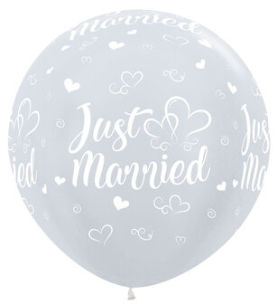 Parelmoer Wit met Harten &#039;Just Married Latex Ballon 90cm