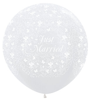 Parelmoer Wit met Vlinders &#039;Just Married Latex Ballon 90cm