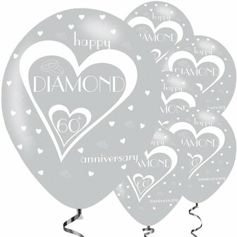 Zilver Hart &#039;Diamond Anniversary&#039; Latex Ballonnen 27cm 6st