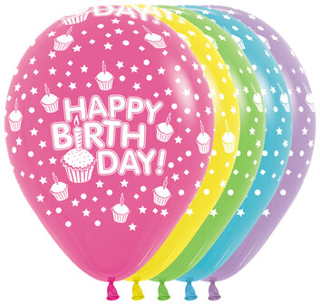 Assorti. Gekleurd &#039;Happy Birthday&#039; Cupcakes Latex Ballonnen 30cm 25st
