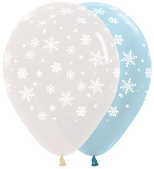 Wit en Blauw Parelmoer Sneeuwvlok Assorti. Latex Ballonnen 30cm 25st