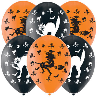 Zwart en Oranje Assorti. Heksen en Katten Latex Ballonnen 30cm 6st