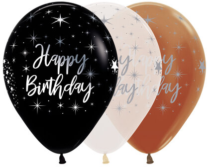 Assorti met Chroom Zilveren Opdruk Sterren &#039;Happy Birthday&#039; Latex Ballonnen 30cm 25st