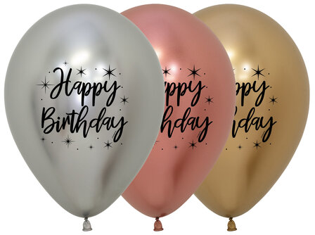 Assorti Chroom met Zwarte Opdruk Sterren &#039;Happy Birthday&#039; Latex Ballonnen 30cm 25st