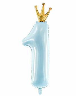 Partydeco Baby Blauw met Gouden Kroon Cijfer &#039;1&#039; Folie Ballon 90cm
