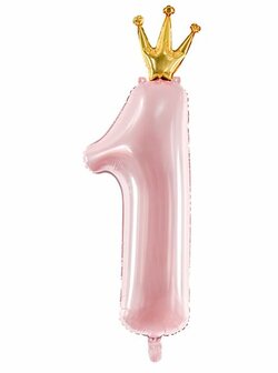 Partydeco Baby Roze met Gouden Kroon Cijfer &#039;1&#039; Folie Ballon 90cm