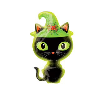 Zwarte Kat met Groene Hoed MiniVorm Folie Ballon 35cm