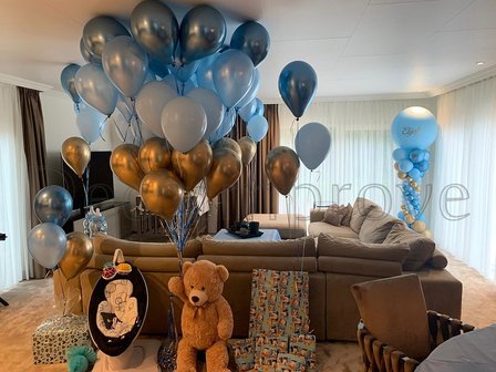 Teddybeer Groot met Chroom Blauw, Chroom Goud en Pastel Blauw Helium Tros Ballonnenboeket