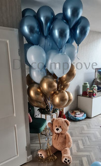 Teddybeer Groot met Chroom Blauw, Chroom Goud en Pastel Blauw Helium Tros Ballonnenboeket