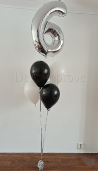 Zilver, zwart en wit &#039;6&#039; Ballonnentros Helium Ballonnenboeket