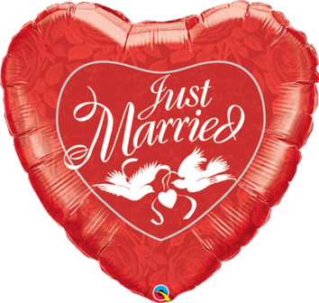 Qualatex Rood &#039;Just Married&#039; met Duiven Hart Folie Ballon 91cm