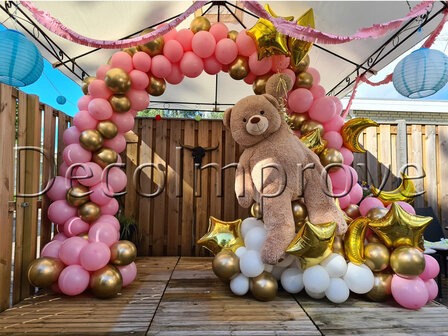 Ballonnenboog Manen en Sterren Roze met Goud Dubbeldeurs incl Teddybeer op Wolk