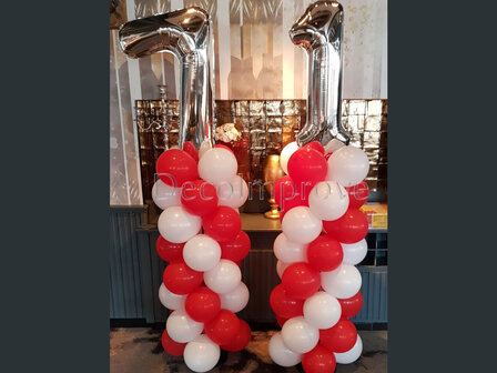 Ballonnenpilaar Standaard Rood Wit met Zilver Cijfer set van 2