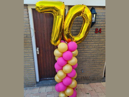 Ballonnenpilaar Standaard 70e Verjaardag Fuchsia Goud 220cm Clusters van 4