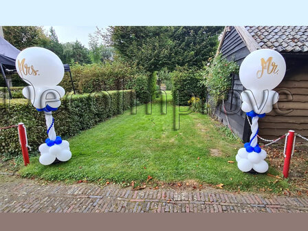 Ballonnenpilaar Luxe Koninklijk Blauw en Wit met Persoonlijke Opdruk