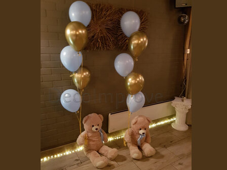 Pastel Blauw en Chroom Goud Helium Ballonnenboeket aan Teddybeer