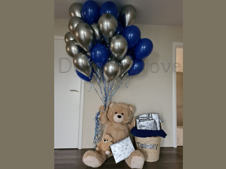 Teddybeer Groot met Chroom zilver en Koninklijk Blauw Helium Tros Ballonnenboeket