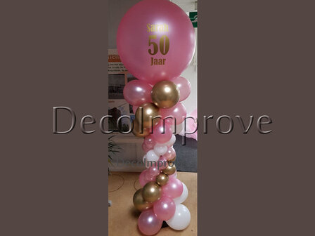 Ballonnenpilaar Deluxe Roze Wit en Chroom Goud met Persoonlijke Bedrukking