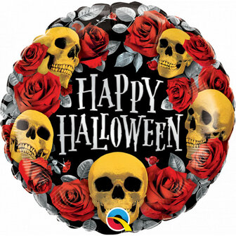 Qualatex Gouden Schedels met Rozen &#039;Happy Halloween&#039; Folie Ballon 45cm