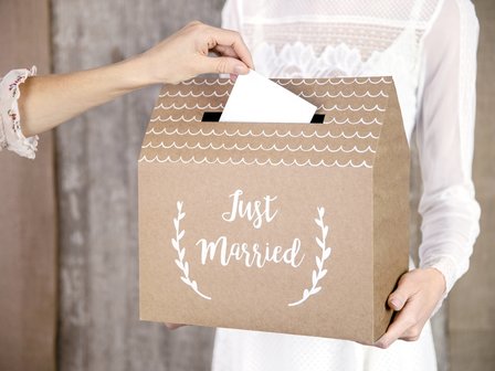 Vintage Bruin &#039;Just Married&#039; Rechthoek met Dakje Enveloppen Kist Karton 