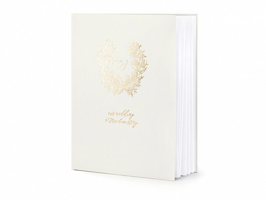Licht Grijs met Gouden Krans en 'Our Wedding, a True Love Story' opdruk Gastenboek