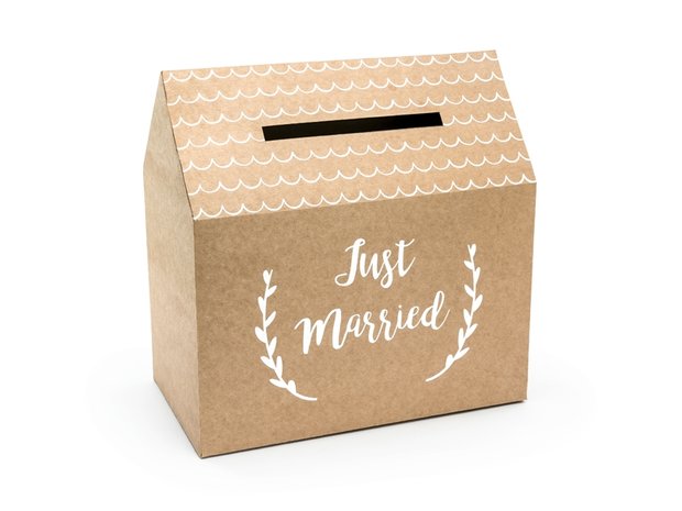 Vintage Bruin 'Just Married' Rechthoek met Dakje Enveloppen Kist Karton 