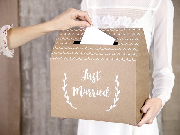 Vintage Bruin 'Just Married' Rechthoek met Dakje Enveloppen Kist Karton 