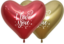 Reflex Goud en Reflex Rood 'I Love You' Hart Latex Ballonnen 12st 35cm