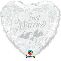 Qualatex Zilver 'Just Married' met Duiven Hart Folie Ballon 91cm