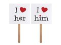 'I Love Her' & 'I Love Him' Kaarten op stok Foto Props 9x9cm 2st